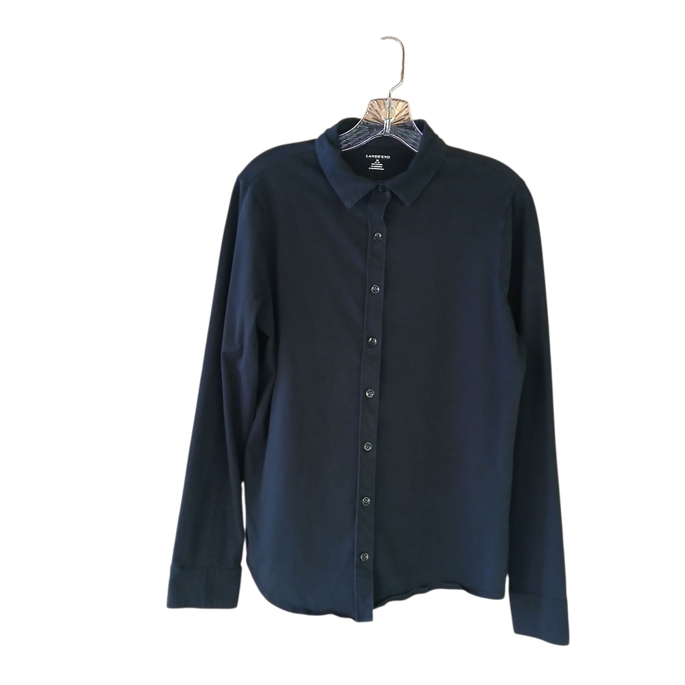 Lands' End Black Long Sleeved Button Down Cotton Knit Shirt Medium